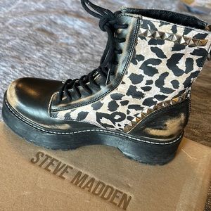 Platform boots; leopard print.